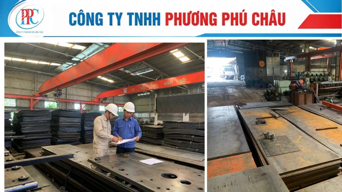 Kỹ thuật viên kiểm tra kích thước thép tấm dày trước khi bàn giao