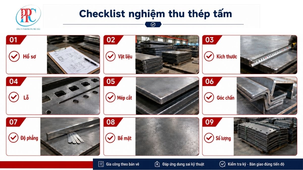 Kiểm tra kích thước thép tấm bằng thước cặp và dụng cụ đo góc